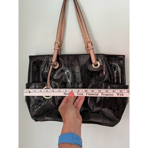 Michael Kors Collection Womens Tote Bag Black Patent Tan Dual Handle Monogram L - Picture 3 of 7